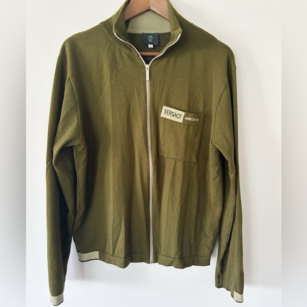 Vintage Versace Jeans Couture Olive Wool Blend Zip Sweater, Size S, Y2K